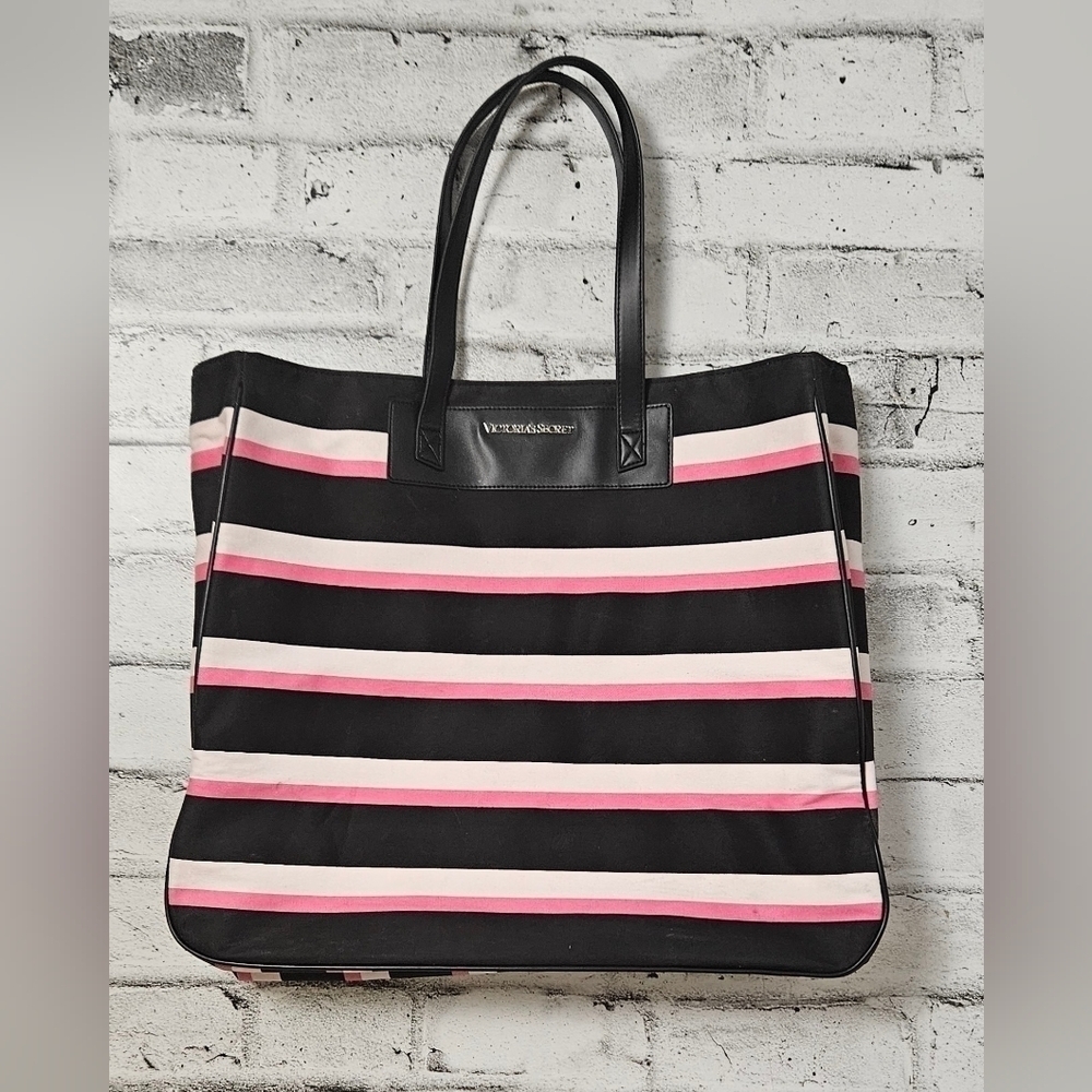 Victoria’s Secret Large Striped Tote Bag Pink Black Canvas Shoulder Bag
